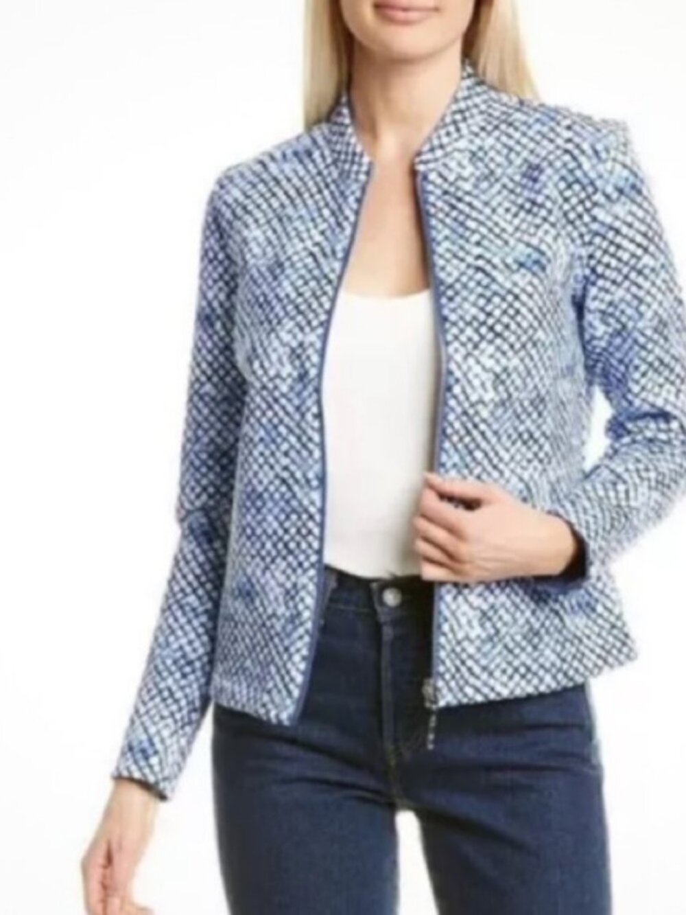 JM Laughlin Blue and White Patterned Jacket women XS full zip casual event